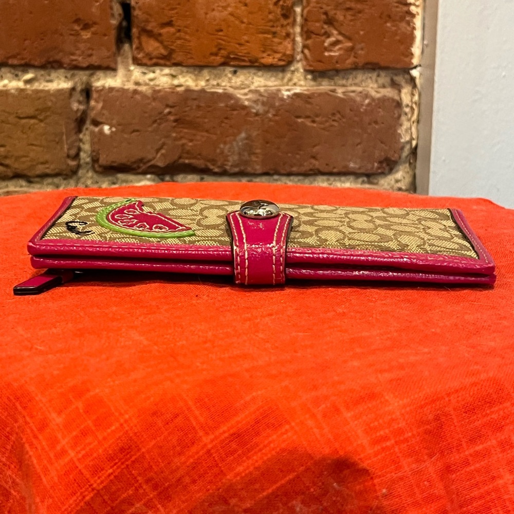 Coach Watermelon Signature Checkbook Wallet Pink Trim Fruit Applique Y2K Rare - Picture 10 of 16